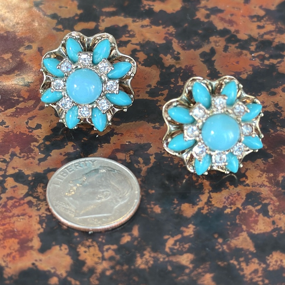 JCrew Vintage Flower Turquoise Enamel Stone Bead CZ Gem Stud GoldPlated Earring - Picture 5 of 6